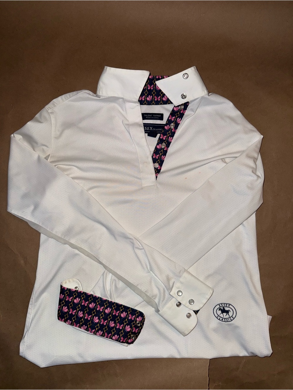 Essex Classics white show shirt with butterfly trim - size Medium